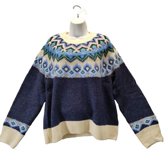 Old Navy Sweaters - Old Navy Women Sweater Fair Isle Navy Blue Festive Colors Crew Neck Size L
